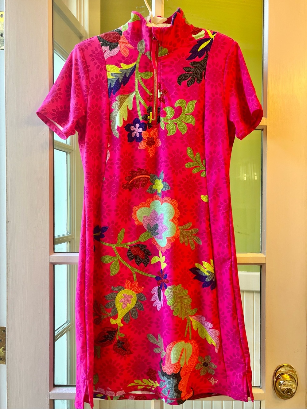 Johnny Was Hot Pink Floral Embroidered Mock-Neck Athletic Activewear Shift Dress